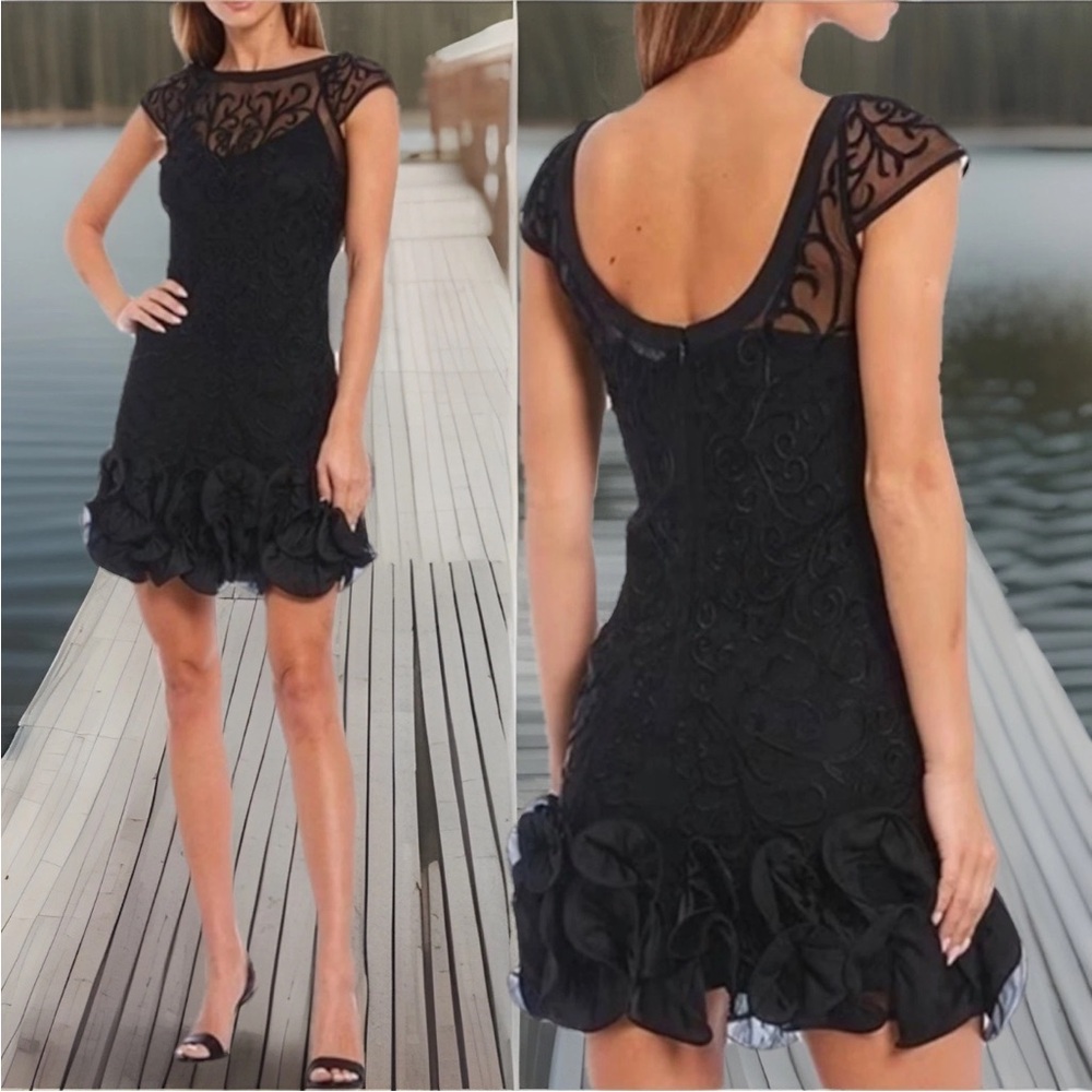 Guess Illusion Boat Neck Lace Cap Sleeve Ruffled Floral Detail Hem Size 0